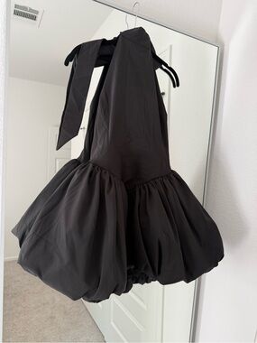 Black Halter Mini Dress with Puff Skirt